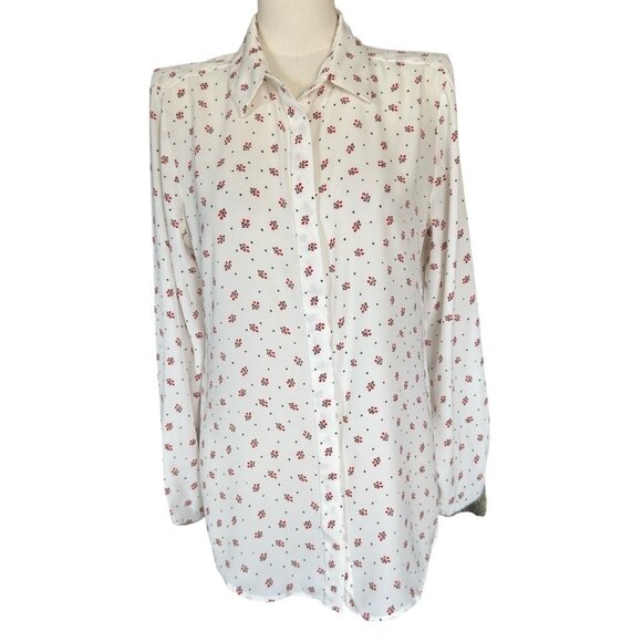LOFT Tops - Loft White Floral Collared Long Sleeve Button Up Lightweight Blouse Women's Sz M